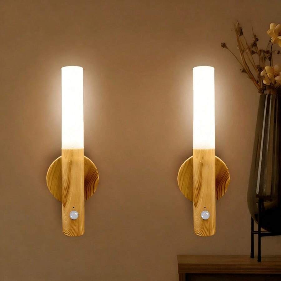 1 Lámpara de pared con sensor de movimiento, lámpara inteligente de madera imitación con luz nocturna infrarroja por movimiento, lámpara de pared LED recargable para pasillo, tipo de montaje magnético, para mesa o pared, luz de sensor interior, disponible en 3 temperaturas de color - Multicolor - Ver 1