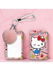 1 PC Hello Kitty Kawaii ID Card Holder With Wrist Strap, Cute Cartoon Bow & Daisy Pattern Hard Case Photocard Holder, Bus Metro Pass Protector For School Office Supplies