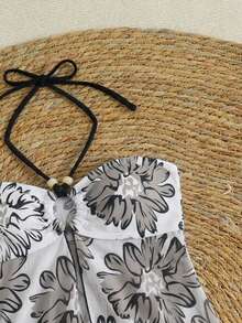 新款春夏性感印花网纱拼接串珠配饰三件套比基尼，挂脖式泳装，适合海滩、泳池派对 - 黑與白 - 查看 5