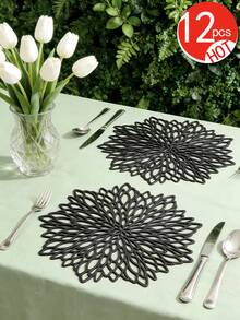 12pcs Gold Flower 15-Inch Round Placemats, PVC, 3.94-Inch Round Hollow Flower Coasters, Washable, Easy Clean, Wipe-Clean, Non-Slip, Heat-Resistant, Suitable For Room Decor, Dining Table Decor, Home Decor, Holidays, Parties, Birthdays, Weddings And Dinners - Multicolor - View 33