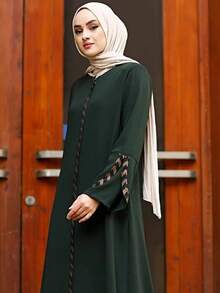 Women's Dark Green Elegant Long Robe, Decorated With Sequin Details, Long Sleeve Round Neck Woven Long Dress Fall - Dark Green - View 4