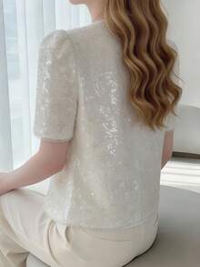 女士时尚亮片装饰短袖外套，闪亮亮片细节，常规版型梭织上衣，春季款 - 杏色 - 查看 8