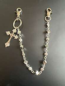 1pc Dice & Cross Patchwork Waist Chain, Fashionable Punk Personalized Street Hip-Hop Pant Chain, Unisex Retro - Ancient Silver - View 10