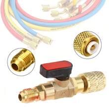 Válvula de bola de paso recto SAE, rosca externa de 1/4" a rosca interna de 1/4", válvula para líquido refrigerante para aire acondicionado y refrigerador con carga de refrigerante R22 AC, con adaptador  para válvula - Rojo - Ver 2