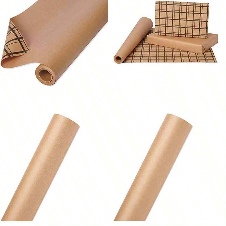 American Greetings - Papel de regalo reversible caf para todas las ocasiones, papel kraft y cuadros (1 rollo jumbo, 175 m2 Pies.) - kraft y cuadros - Ver 1