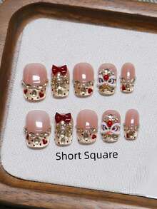 10片手工美甲，椭圆棺材形亚克力按压式美甲，短款、中款、长款可选，柔和粉色美甲，闪亮金色猫眼法式美甲，波点爱心舞狮图案，3D蝴蝶结镶钻美甲，新年礼物，时尚优雅简约新年美甲，冬季假指甲，节日美甲，适合派对、日常、约会、海滩、热带度假等场合，DIY美甲，适合女性和女孩作为礼物美甲用品 - 粉色 - 查看 27