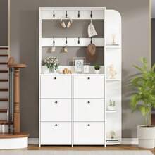 120 X 24 X 200 Cm, Entryway Coat Rack, 3-In-1 Multifunctional Shoe Cabinet, Hinged Door, 8 Hooks, Compact Coat Rack, Living Room Cabinet With 5 Shelves, White - White - View 1