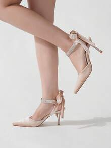 Charming Women's Sexy Bow & Rhinestone Decor Pointed Toe Stilettos Fashionable & Elegant Velvet Design Burgundy High Heels, Suitable For Daily Wear, Weddings, Galas, Vacations Exquisite & Glamorous Fashion Shoes, Ideal For Halloween, Christmas, Autumn, Disco, Evening Parties - Apricot - View 5