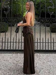 Evening Gown: Women's Backless Halter Neck Maxi With Mesh Panel & High Slit In Solid Color - trắng - Xem 10