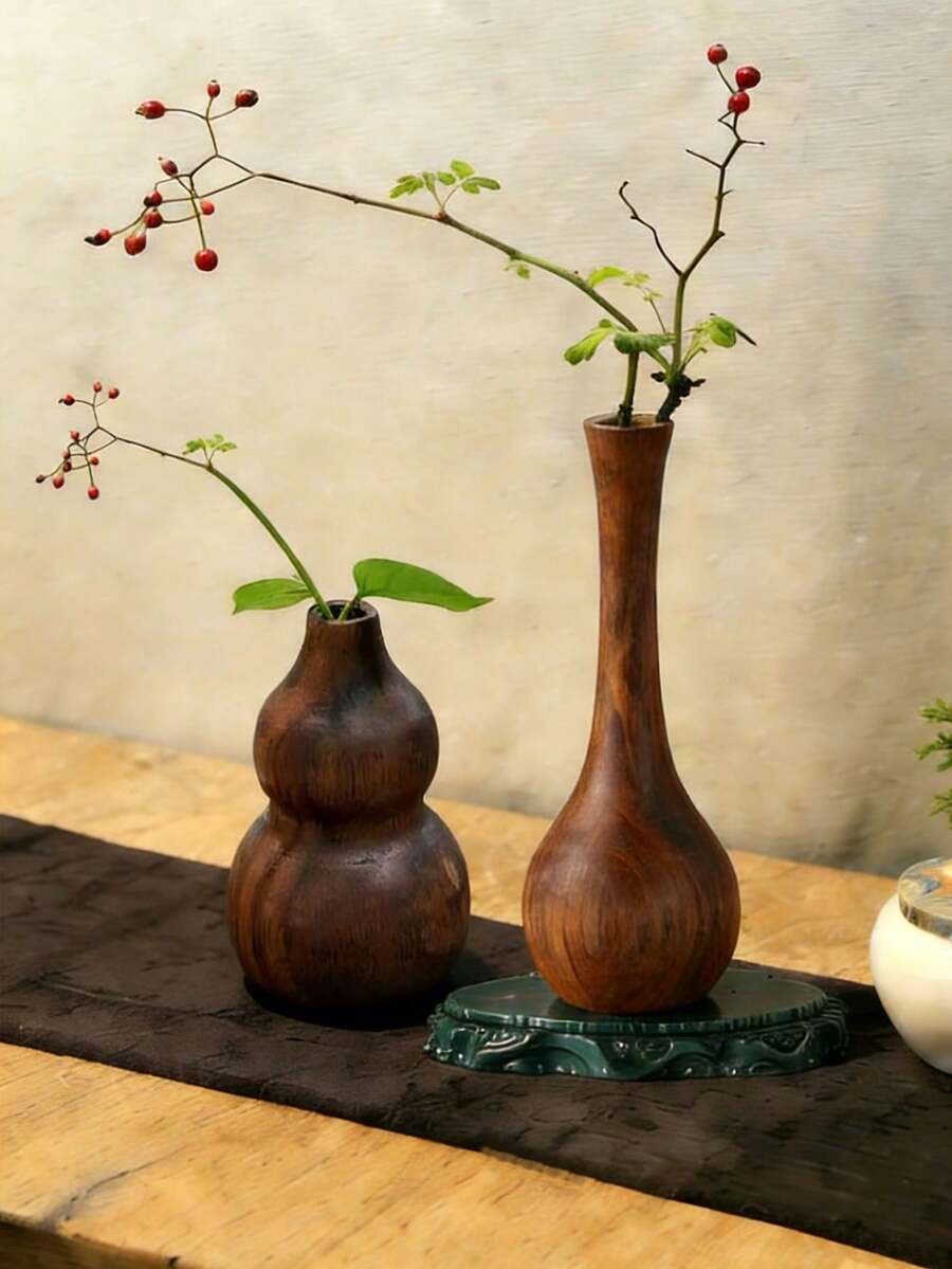 Two Japanese Walnut-Colored Wooden Mini Vases, Nordic Minimalist Style Wooden Vases, Suitable For Minimalist Decor At Every Stage Of Life - Walnut Solid Wood Small Vases, Can Hold Dried Flowers, Can Also Be Used As A Tabletop Ornament Or As An Essential Oil Diffuser Stand, Ideal For Office And Living Room Desktop Decoration. Comfortable Home Decor. An Ideal Choice For Holidays Or Gifts. - Nhiều màu - Xem 1