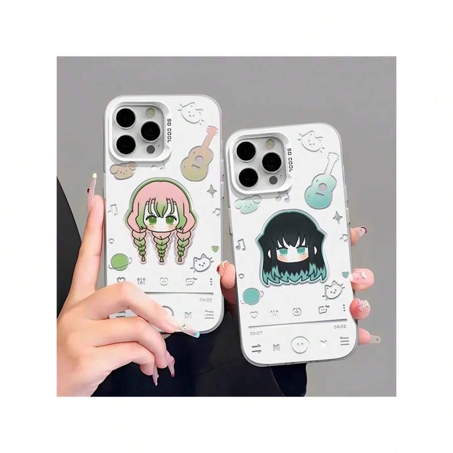 Chibi Characters Phone Case For 14/15/16 - Shockproof Cover, Cute Music-Themed Mitsuri/Obanai Anime Graphic Design - Gris - Ver 1