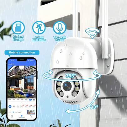 [高清夜视] 360° 旋转无线安全摄像头，1080P 双向音频 + AI 人体检测，家庭/企业室内/室外防水监控