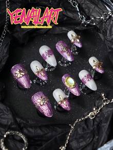 Bộ 10 móng giả dán thủ công, hình hạnh nhân, kiểu Pháp, màu tím ánh kim, đầu móng kiểu Pháp, móng trắng, trang trí đá pha lê màu sâm panh lấp lánh, đá mặt trăng, móng giả kim loại phủ toàn bộ, hoàn hảo cho trang điểm hàng ngày của phụ nữ và các cô gái, cũng thích hợp cho các bữa tiệc, năm mới, lễ kỷ niệm và các dịp khác. Đi kèm với bộ dụng cụ, một món quà tuyệt vời dành cho phụ nữ và các cô gái. - Màu tím - Xem 3