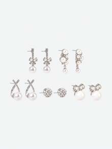 Opalesca 5 paires de boucles d'oreilles élégantes et vintage de luxe avec nœud papillon et perles de fantaisie. Un ensemble délicat et personnalisé, idéal pour la Saint-Valentin. - Argent - Voir 3