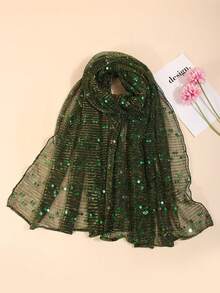 1条女士轻薄纯色双波点亮片头巾，适合所有季节，中东风情头巾，装饰围巾，沙滩披肩，日常使用 - 墨綠色 - 查看 2