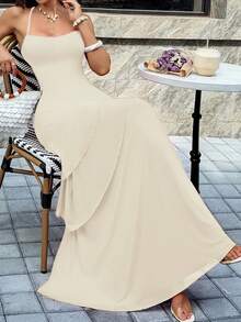 Robe maxi femme Vaiaye, style tropical hawaïen bohème pour vacances à la plage. Couleur unie, élégante, avec bretelles spaghetti, dos nu et fente haute. Convient pour la Saint-Valentin - Nude - Voir 8