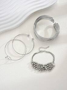 4pcs Minimalist Punk Style Metal Geometric Beaded Bracelet Set, Unisex Suitable For Sisters, Couples, Casual, Party, Wedding, Birthday Gift For Girlfriend, Mom - Silver - View 7