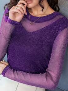 New Elegant Shiny Long Sleeve Loose Fit T-Shirt For Women, Versatile & Age-Reducing - Purple - View 5