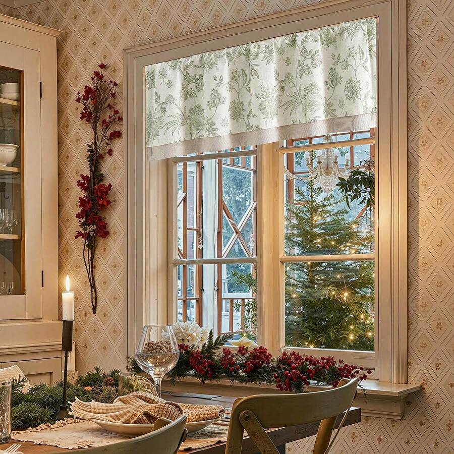 Linen Valance Kitchen Curtain Double Layer 16 Inch Living Room Bedroom Bathroom Window Treatment Blackout Vintage Rustic Farmhouse Cottagecore Rod Pocket 1 Panel On Beige - 雅各賓風格 | 鼠尾草綠 - 查看 1
