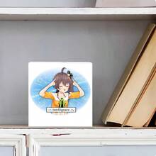 Anime - Style Girl Printed Decorative Wooden Box, White Square Box With Short Brown - Haired Girl (Black & Yellow Bow, Yellow Short - Sleeve Top With White Trim, Green Ribbon) - Blue Oval Background With Scientific/Math Symbols, White Banner With 'Intelligence' - Ideal For Academic/Intelligence Themed Decor - White - View 2