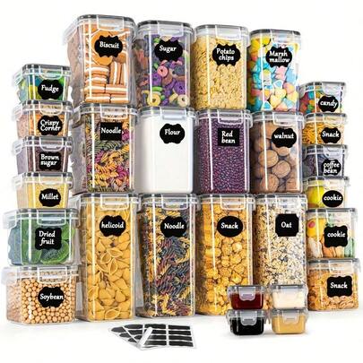 28pcs Storage Container Set, Kitchen Organizer, Airtight Plastic Storage Containers With Lids, Suitable For Storing Cereal, Flour, Coffee Beans, And Cornflakes, Sizes 2L, 1.4L, 0.8L, 0.32L, And 0.06L.