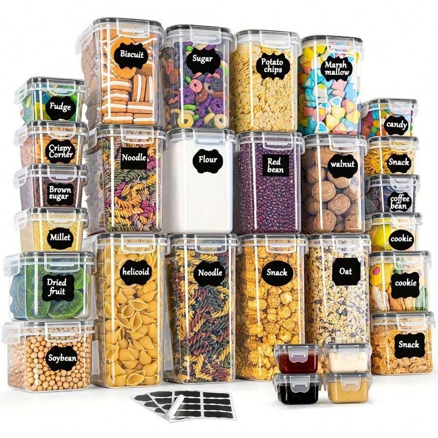 28pcs Storage Container Set, Kitchen Organizer, Airtight Plastic Storage Containers With Lids, Suitable For Storing Cereal, Flour, Coffee Beans, And Cornflakes, Sizes 2L, 1.4L, 0.8L, 0.32L, And 0.06L. - 28pcs - 查看 1