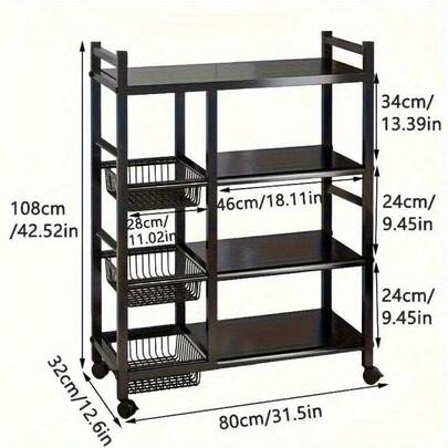 4-Layer Adjustable Kitchen Storage Rack | Carbon Steel Wire Shelving Trolley With 3 Lift-Out Baskets & Locking Casters, Rolling Pantry & Microwave Stand For Kitchen, Garage, Bathroom, Utility Racks