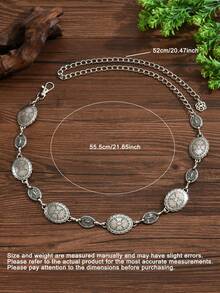 1 Piece Of Western Style Retro Fashion Personalized Metal Pattern Old Flower Plate Loop Waist Chain Bohemian All-Match Belt Skirt Chain Trouser Chain Suitable For Women's Daily And Party Wear - Antique Silver - View 5