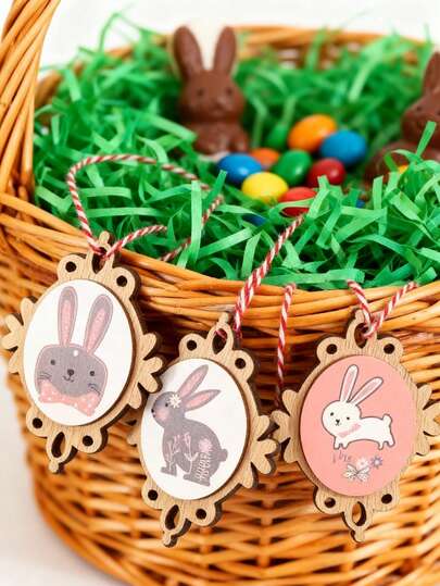 4pcs Of A Set | Wooden Easter Ornaments Hanging Rabbit Bunny Pendants With Frohe Ostern Lettering Rustic Wood Slices For Easter Tree Home Party Decoration Gifts Tags, Easter Tree Ornaments, Festive Decorations For Dining Room Walls, Room Doorknobs, Or Fireplaces.