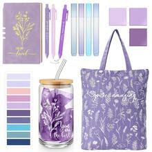 14 Pcs Inspirational Journal Kit For Women Christmas Aesthetic A6 Leather Journal Notebook Glass Cup Canvas Tote Bag Motivational Pens Stationery Set For Women Nurse Practitioner(Purple) - 紫色 - 查看 1
