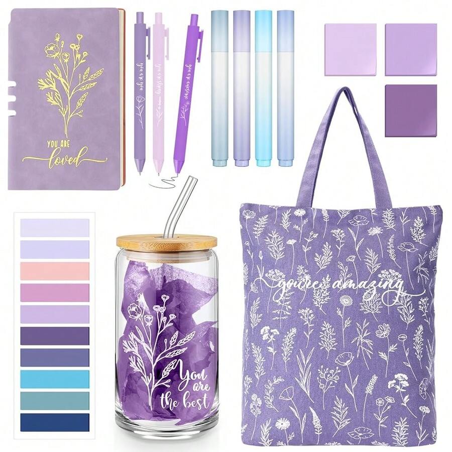 14 Pcs Inspirational Journal Kit For Women Christmas Aesthetic A6 Leather Journal Notebook Glass Cup Canvas Tote Bag Motivational Pens Stationery Set For Women Nurse Practitioner(Purple) - 紫色 - 查看 1