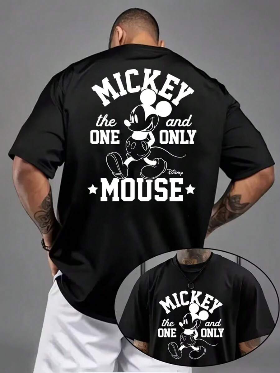 Disney Mickey Mouse Men's T-Shirt-White Summer Short-Sleeved T-Shirt, Letter Design, Breathable Round Neck, Adult Loose C-Shirt, Fan Products, Playful Design, Machine Wash. - Black - View 1