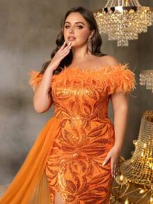 Faeriesty Plus Off Shoulder Contrast Mesh Split Thigh Sequin Formal Dress - Orange - View 4
