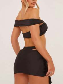 Women's 3 Piece Off Shoulder High Cut Bikini Set With Tie Side Cover Ups - Black - View 2