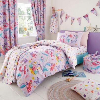 Girls Kids Magical Mermaids  Reversible Soft Easy Care Bed Linen Duvet Cover Quilt Bedding Set With Pillow Case