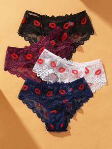VKME 4件套性感蕾丝唇印网纱内裤，女士内衣 - 彩色 - 查看 11