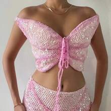 Awevudst Women Crochet Knitted Sequin Butterfly Crop Tops Off Shoulder Halter Deep V Neck Tie Front Backless Lace Up Tank Tops Shiny Glitter Beaded Vest Summer Holiday Beachwear Y2K Streetwear Party Clubwear - 粉色 - 查看 3