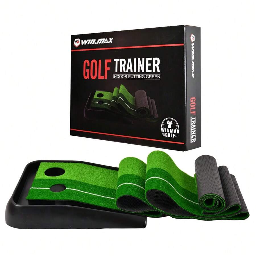 WIN.MAX 3m Golf Dual-Hole Putting Trainer, Non-Slip Plastic Turf Practice Mat, Golf Putting Training Aid, Golf Putting Green, Outdoor Swing Fitness Equipment, Holiday Gift - Green - View 1