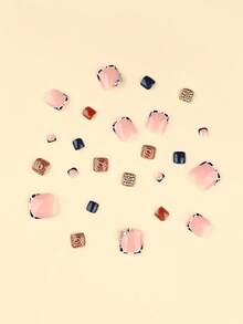 24片法式奶牛纹美甲贴纸，闪亮3D装饰假脚趾甲，短方形美甲套装，包含1张贴纸和1个迷你指甲锉，适合日常美甲用品 - 彩色 - 查看 3