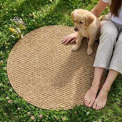 1 件棕色多用途户外圆形地毯，时尚编织纹理，触感舒适，适用于庭院、花园野餐、露营、宠物休息等场合，可机洗，不掉色不掉毛，四季皆宜