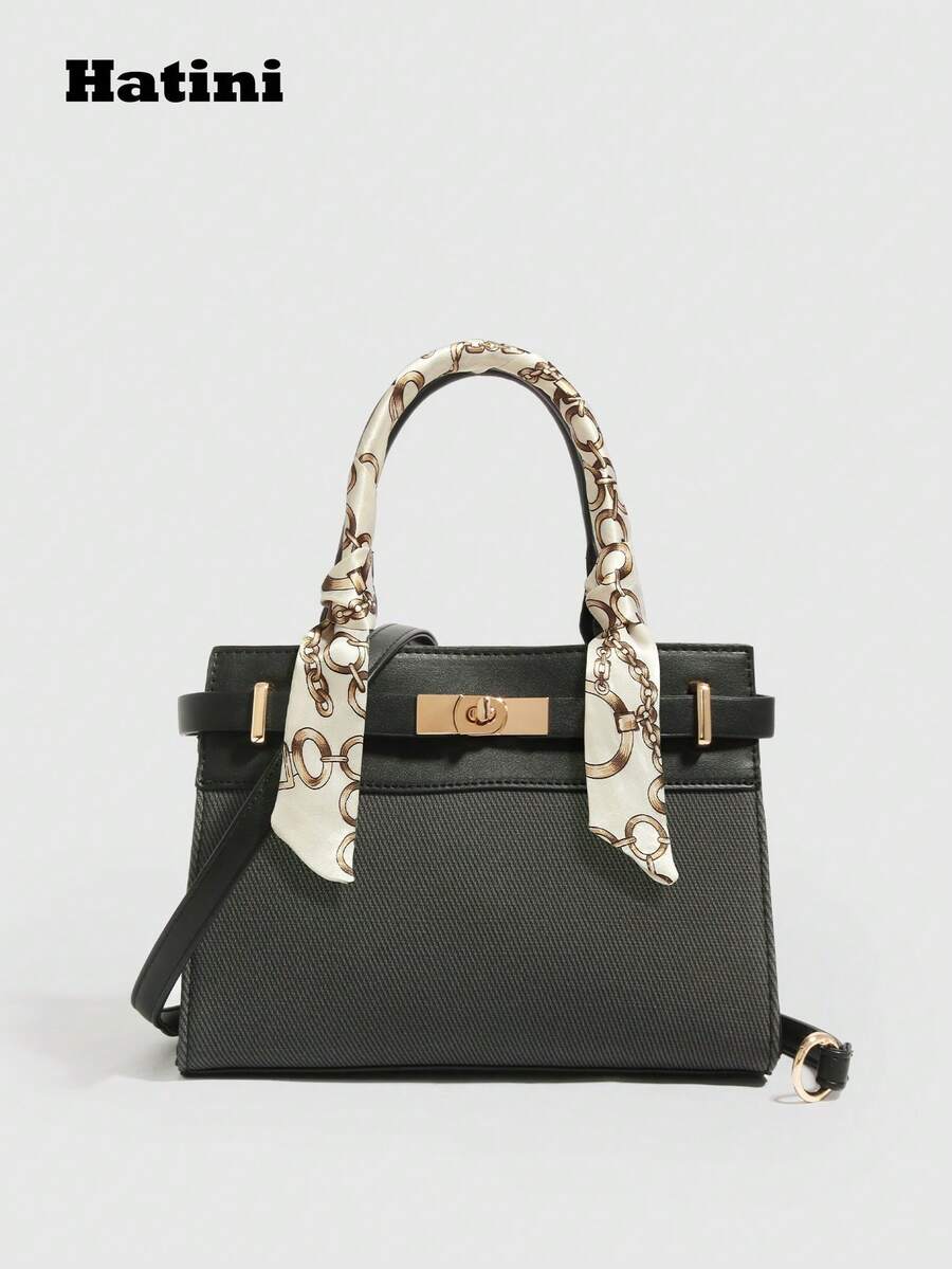 Bolso de mano tipo Kelly de moda con diseño de patchwork, bolso cuadrado pequeño con cierre de giro, bolso de hombro para ir al trabajo, bolso cruzado versátil, diseño de bloques de color vibrante, adecuado para ir al trabajo, citas, compras, ocio, vacaciones, festivales de música, fiestas - Negro - Ver 1