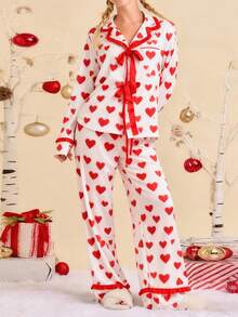Women's Valentine's Day Pajamas Cute Heart Printed Bow Tie Long Sleeve Tops With Pants 2Pcs Sleepwear - 紅色 - 查看 5