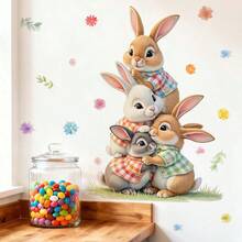 BRUP 1 Sheet Cuddly Bunnies Wall Stickers, 4 Rabbits Stacking , Cute Animal Cluster Design For Nursery Kids Room Door Decor, Removable Peel And Stick Decals, BFF Friendship Theme Art - Multicolor - View 2