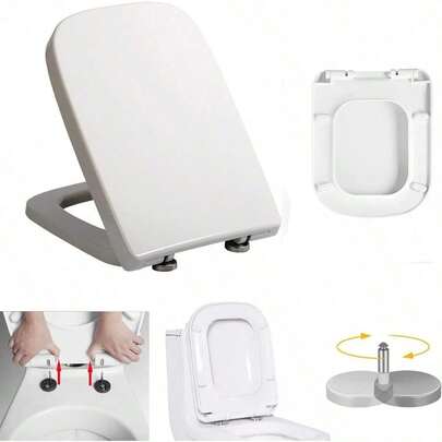 Soft Close Square Toilet Seat With Quick Release, Simple Top Fixing, Toilet Seats White With 360° Adjustable Stainless Hinges, Heavy Duty Square Shape Toilet Lid Loo Seat WC