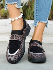 Classic Slip-On Leopard Print Buckle Strap Women Ankle Boots, Flat Short Booties - Light Grey - View 6