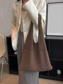Yogodlns 复古镂空编织女士单肩包针织手提包大容量托特包女士夏季沙滩旅行购物袋设计师针织手提包大容量托特包女士背包夏季沙滩包大钱包休闲镂空编织单肩包 - 咖啡棕 - 查看 6