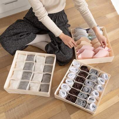 1pc Solid Color Underwear Storage Box, Beige Non-Woven Fabric Sock Organizer Box, Wardrobe Bra, Socks, Tie, Scarf Storage Box, Decorative Box For Closet, Decor, Holiday, Room, Home, Bedroom