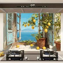 这款蓝色百叶窗采用透视效果，饰以蔚蓝海景和柠檬树图案，为2D平面设计，适用于厨房墙面。采用优质PVC材料制成，易于安装且经久耐用。适合家居装饰和现代厨房室内设计。 - 彩色 - 查看 13