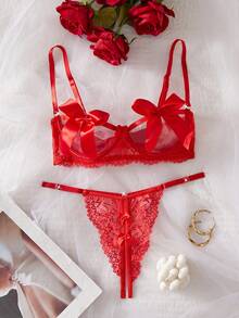 两件套情人节性感内衣套装，包含蕾丝花文胸和可调节丁字裤，舒适浪漫，适合作为新娘内衣，也适合夜店、私人派对、情侣约会等场合。 - 紅色 - 查看 6
