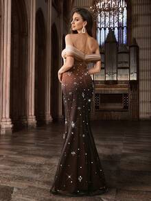 QOQ Luxurious Women Hot Drill Rhinestone Formal Dress Shine Diamond Evening Gown For Award Ceremony, Dinner, Birthday Party, Galas Dresses - Coffee Brown - View 2